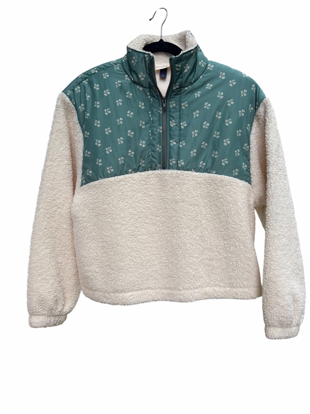 Cream Sherpa Pullover Fleece with Teal Floral Yoke